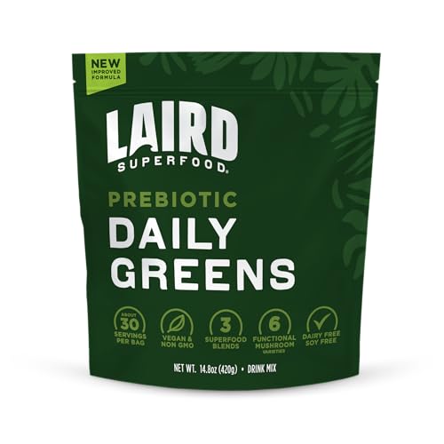 Laird Superfood Prebiotic Daily Greens Powder – Essential Vitamins & Minerals - Prebiotic Fiber, Adaptogen and Fruits & Vegetables – Supports Gut Health – Non-GMO, Vegan - 14.8 oz Bag, Pack of 1