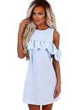 Mintsnow Women Summer Ruffled Off Shoulder Strap Dress Striped Top Shirt,Light Blue,Medium