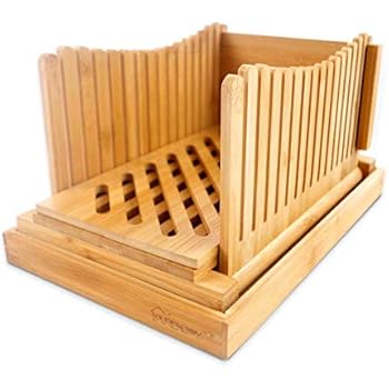 Purenjoy Bamboo Wood Foldable Bread Slicer Compact Thickness Adjustable Bread Slicing Guide with Crumb Catcher Tray for Homemade Bread, Loaf Cakes, Bagels, Foldable and Compact (12.5x8.5x1.6)