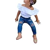 2PCS/ Set Toraway Toddler Kid Baby Girl Off Shoulder Solid Blouse Tops+ Jeans Pants Clothes Outfit (2T, White)