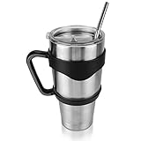 30 Ounce Stainless Steel Double Wall Insulated Travel Tumbler Cup Mug with Handle, Spill Proof Lid, Bent and Curved Stainless Steel Straw
