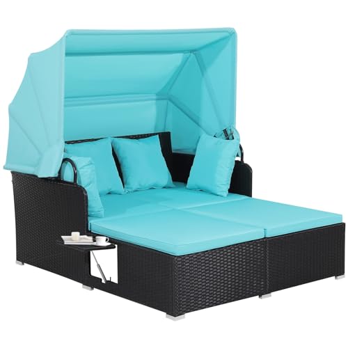 Outdoor Rattan Daybed w/Canopy, Patio Loveseat Sofa Set w/Comfortable Cushions…