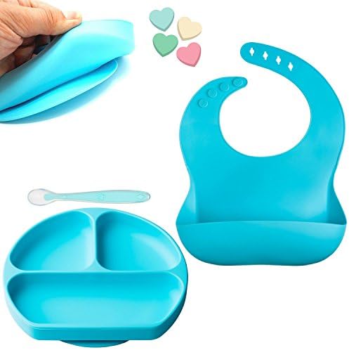 Silicone Baby Feeding Complete Set Food Divider Plate Bib Flexible Spoon Set Ultra Strong Suction Firm Mount on Surfaces Happy Placemat Tray Fast No Mess Ideal Baby Shower Gift Set