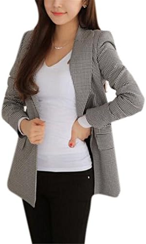 Womens Slim Check Houndstooth Print Lapel Single Button Blazer Jacket Suit Coat