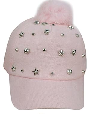 Lovely Rivets Decor Cute Fluffy Ball Peaked Cap Fashion Elastic Adjustable Warm Cold-Proof Pompom Baseball Cap