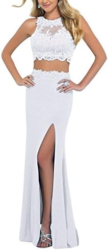 Liaoye Women's Split Mermaid Prom Dress Two Pieces Beading Party Gown White 2