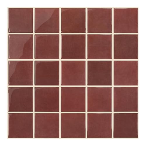 Commomy Thick Adhesive Kitchen Tiles Red, 10-Pieces, 30.5 x 30.5 cm, Self-Adhesive Vinyl Kitchen Wall Tiles, 3D, Backsplash Tiles Adhesive for Wall, Kitchen, Bathroom and Subway