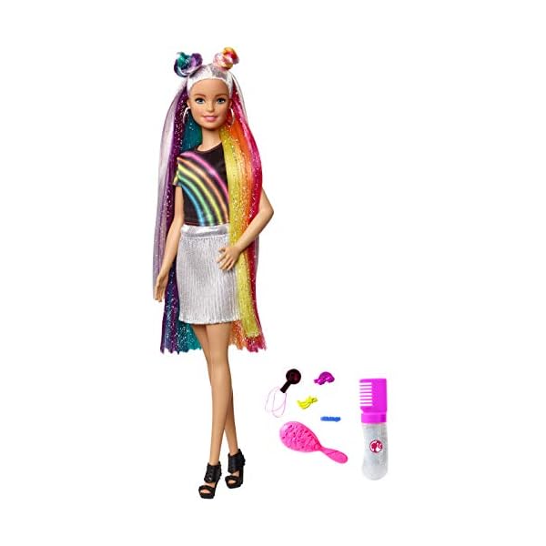 Barbie FXN96 - Regenbogen-Glitzerhaar Puppe mit Langen blonden Haaren, versteckter Regenbogen aus fünf Farben, Glitzergel, Haarbürste,Haarstyling-Zubehör, Spielzeug Geschenk für Kinder ab 5 Jahren