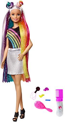Barbie FXN96 - Regenbogen-Glitzerhaar Puppe mit Langen blonden Haaren, versteckter Regenbogen aus fünf Farben, Glitzergel, Haarbürste,Haarstyling-Zubehör, Spielzeug Geschenk für Kinder ab 5 Jahren