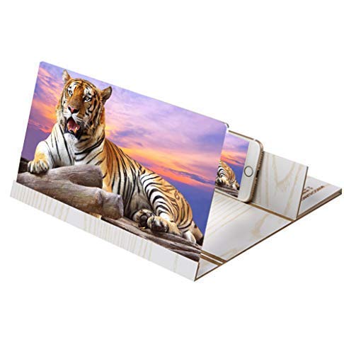 Qys 3D Mobile Phone Screen Stereoscopic Projection Magnifier Amplifying 12 Inch Desktop Wood Bracket Wooden Foldable Phone Holder HD Movie Video Stand for All Smartphone Wood Grain