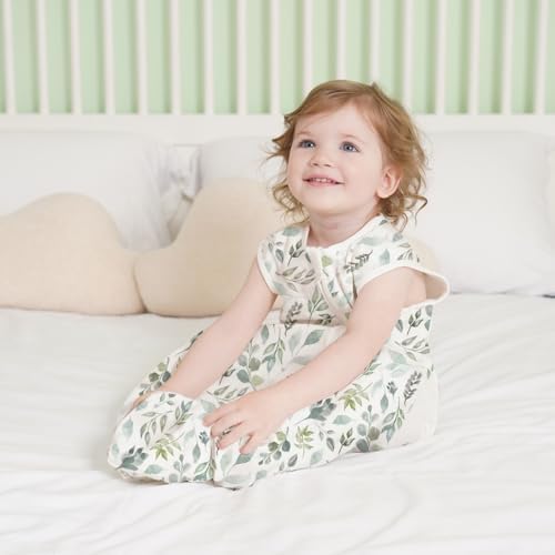 Saco-cama para bebés de verão, saco-cama unissex de 0,5 tog para bebés dos 18 aos 36 meses, algodão 100% respirável, saco ajustável de 85 a 100 cm, padrão de folhas verde-escuras