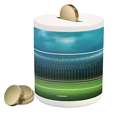 Soccer Piggy Bank by Ambesonne, Soccer Goal Post Sports Area Winner Loser Line Floodlit Best Team Finals Game Theme, Printed Ceramic Coin Bank Money Box for Cash Saving, Green Blue - Thumbnail 2