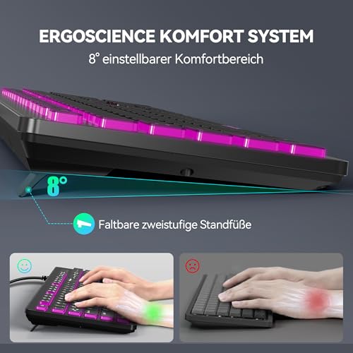 TECKNET Wired Keyboard USB with 7 Colours RGB Lighting, German QWERTZ Full Size, Quiet Keyboard Splash-proof for PC/Laptop (Windows/Mac) - Black