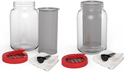 KombuJars (2 Pack) One Gallon Jar Cold Brew Coffee Maker Kit Large Brewing Storage Bottle w/ Plastic Pour Lid, Stainless Steel Fine Mesh Filter, Gallon Glass Jars, Cheesecloth, and Scoop