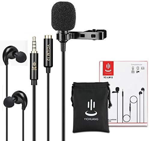 YC-LM12 Professional Grade Lavalier Lapel Clip-on Interview Podcast Microphone with Monitoring Earphones for iPhone Android Smartphones, Cameras, Tablets - Podcast Equipment (3.5mm to Mic+ Headset)