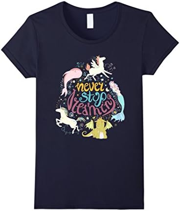 Womens Never Stop Dreaming Unicorn Dragon Mermaid Narwhal T-Shirt Medium Navy