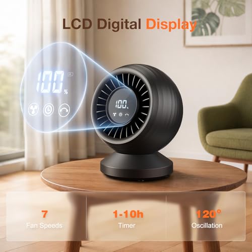 Quiet Table Fan 22dB, Powerful Turbo Air Circulation Fan with LCD Display, 120° Oscillation, 8 Speeds, Desk Fan for Office, Bedroom and Kitchen, Black