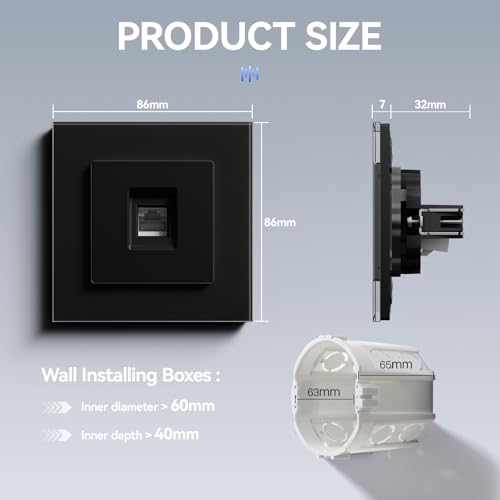 BSEED TV Plug with Glass, Wall Plug with Hook,E-Series,One CAT6,86mm Black