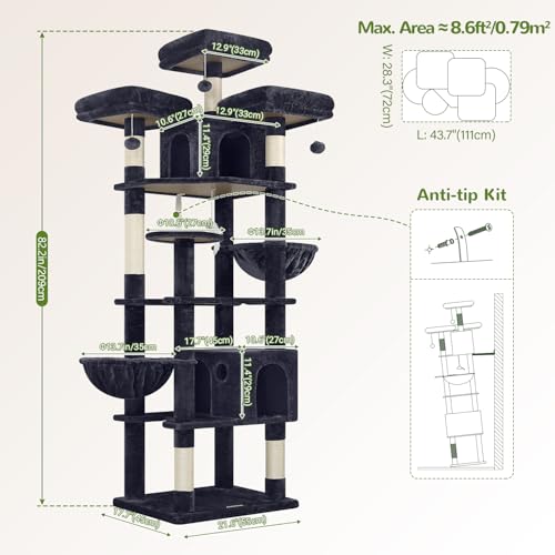 Globlazer XXL Cat Tree 209 cm with 3 Padded Perches, 2 Kennels, Large Platforms, 2 Baskets, Plush Toys, Huge, Stable Cat Trees for 3-5 Cats Indoor (F82, Dark Grey)
