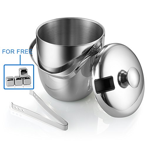 MLO E-CO Ice Bucket with ice Tongs and lid, Insulated Stainless Steel Ice Bucket with 4 Ice Cubes, Double Walled, 2.8 Litre