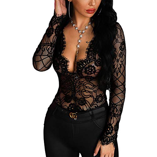 Carolilly-Body-Donna-in-Pizzo-Sexy-Elegante-Lingerie-Sexy-Nero-Tuta-da-Donna-Manica-Lunga-con-Scollo-a-V-Profondo-Pagliaccetto-Trasparente-Babydoll-Donna