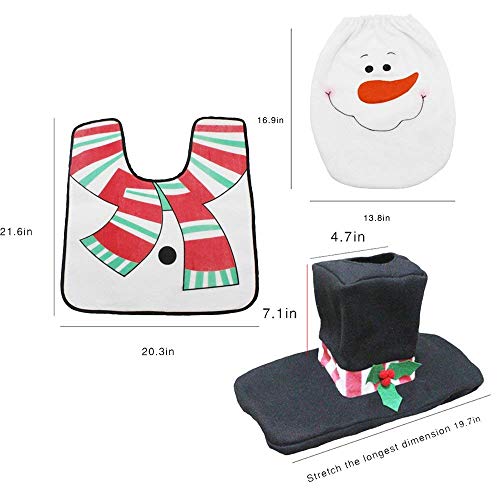 Auoinge Snowman Toilet Seat Cover and Rug Set, Christmas Bathroom Decoration Cute 3D Nose Plush Felt Lid Cover Tank Cover Rug, Set of 3 (Snowman)