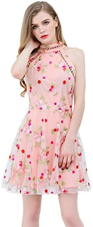 UP Ultrapink Junior Womens Woven Halter Dress Crochet Trim Mock Neck Embroidered