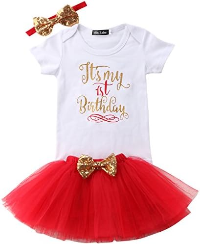 Baby Girl Newborn It's My 1st/2st Birthday 4 Pcs Outfits Romper+Skirt+Headband+Leggings (1 T, Red)