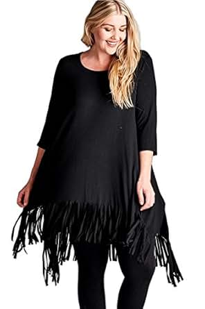 Oddi Boho Chic Jersey Knit Fringe Tunic Top reg & Plus Size (Small, Black) at Amazon Womenâs 