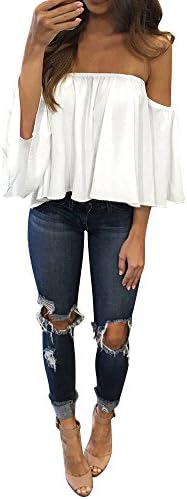 Hansunny Women Long Sleeve Off Shoulder Casual Blouse (S, white)