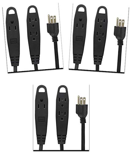 BindMaster 245 15 Feet Extension Cord/Wire, 3 Prong Grounded, 3 outlets, Heavy Duty, Black {Value!! - 3 Pack }
