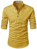 NEARKIN (NKNKN350) Beloved Men Henley Neck Long Sleeve Daily Look Linen Shirts MUSTARD US XL(Tag size XL)