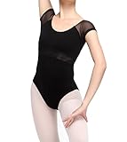Black Short Sleeves Round Neck U Back Ballet Dance Leotards Gymnastic Leotards (M)