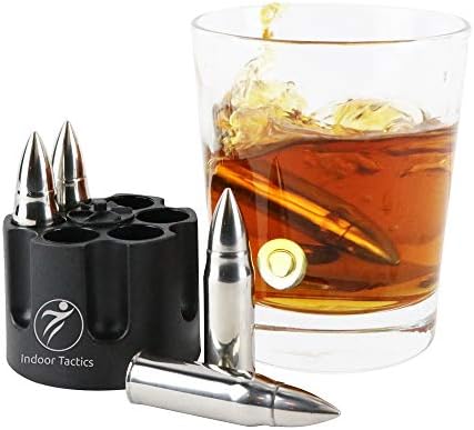 WHISKEY BULLET STONES WITH BASE - XL, 2.5" Original Extra Large Bullet-Shaped Whiskey Chillers, Unique Revolver Freezer Base, Set of 6, Gift for Whisky, Bourbon, Scotch Lovers, Groomsmen, Military
