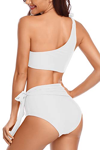 Alamree Womans Tie Front High Leg 2 Piece Swimsuits One Shoulder Bathing Suit White S