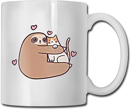 WEHIPUE Sloth Loves Cat 11 OZ Coffee Mug Tea Cup White Best Gifts For Mens Or Womens