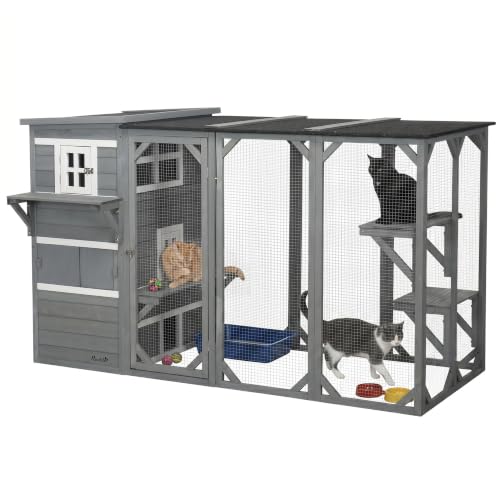 PawHut Wooden Cat Catio, 76" L Walk in Outdoor Cat House with Asphalt Roof, Platforms, Lockable Doors, 3-Tier Resting Condo, Observation Window, for 2-3 Cats, Light Grey