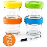 Glass Baby Food Storage Containers - Set contains 4 Small Reusable 4oz Jars with Airtight Lids - Safely Freeze your Homemade Baby Food