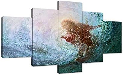 AMEMNY Jesus Reaching Into Water Wall Art Christ Poster Canvas Prints The Hand of God Home Decor for Bedroom Living Room Pictures HD Printed Painting 5 Pieces Artwork Framed Ready to Hang