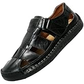 Men's Leather Hollow Out Hook Loop Flat Fisherman Sandals Closed Toe Head Soft Bottom Hand Stitching Wading Sandals Summer Comfort Anti-Slip Casual Wading Beach Sandals