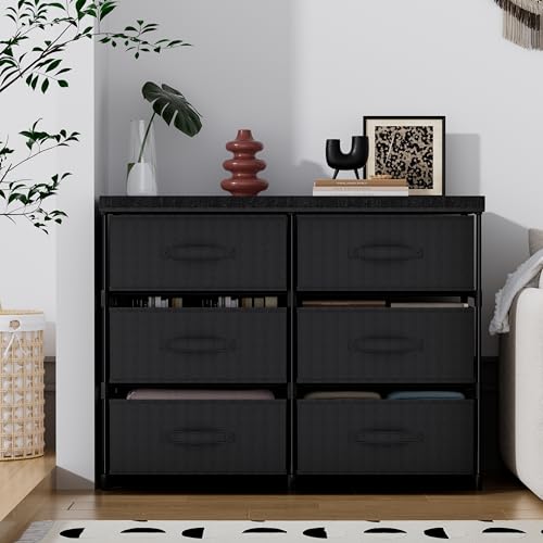 PPN Dresser with 6 Fabric Drawer Stand Desktop Sturdy Metal Plastic Support Tube Cube Storage Cabinet for Living Room, Bedroom Organization Dorm Front Hall Entryway Black