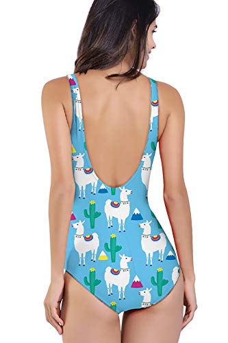 RAISEVERN Women's Blue Llama Alpaca Cactus Printed Monokini One Piece Swimsuits Pink Bathing Suit Swimwear 80s Clothes Beachwear