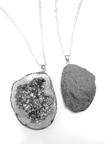 Silver Geode Druzy Quartz Crystal Stone Pendant Silver Plated 30" Necklace