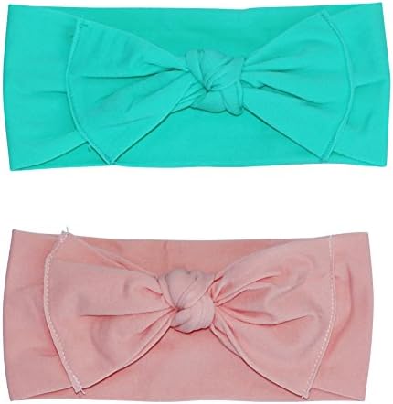 2 Pack Hand-Tied Girl Bows With Thick Nylon Headband (Mint/Peach, Newborn - 6 Months)