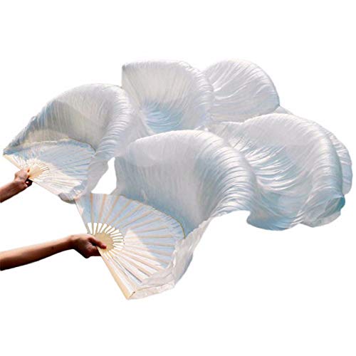Leemiman Women 1.8 m Long Belly Dance 100% Silk Bamboo Fan Veils 1 Pair(L+R) (White)