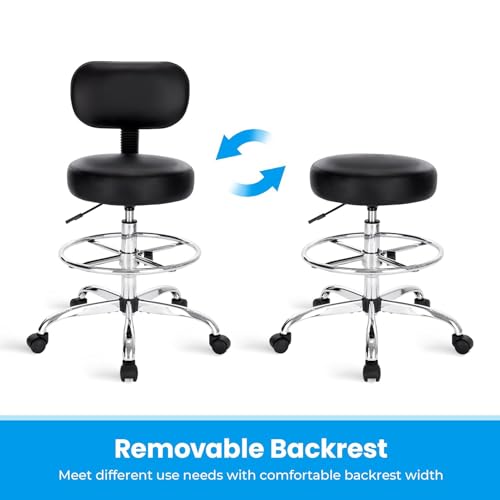 Drafting Chair with Backrest, Adjustable Footrest Rolling Stool with Wheels, Swivel Stool for Office Spa Studio Lab Counter Salon Work, Black 60 * 60 * 113Cm