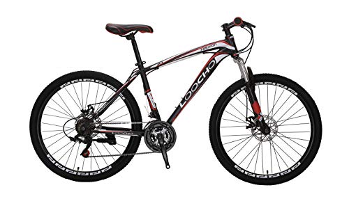 LOOCHO Mountain Bike 21 Speed 26-27.5 inch Shining SYS Double Disc Brake Suspension Fork Rear Suspension Anti-Slip Bikes (red)