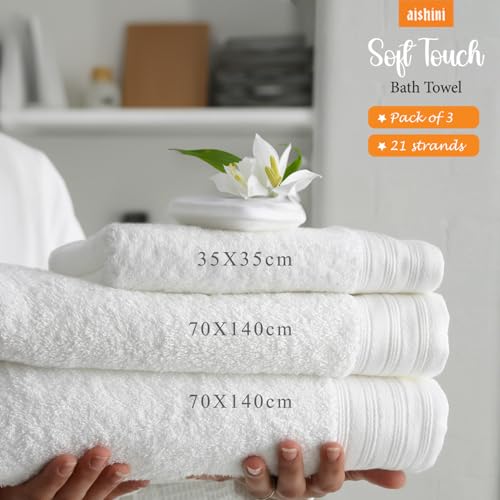 Aishini Bath Towel Set Pack of 3, (140 x 70 cm) (35 x 35 cm) Microfiber Ultra Soft Highly Absorbent Hand Towels Set, Lightweight and Quick Drying for Body, Beach, Sport, Yoga, SPA (White)