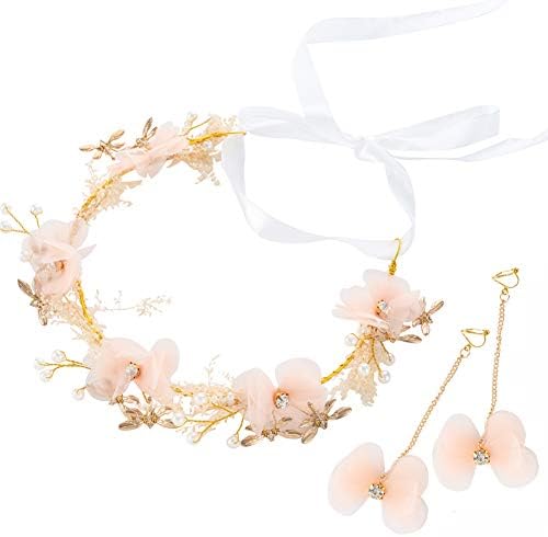 ヘッドドレス イヤリング 花嫁 髪飾り ティアラ 豪華 カチューシャ 花冠 ウェディング 二次会 フラワー アクセサリー パール 送料無料 一部地域を除く 2点セット 結婚式 発表会