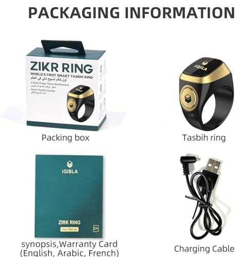 Smart Tasbih Zikr Ring E01 Muslim Prayer Timing Reminder with OLED Display, Tasbih Counter, Wearable Technology, 5 Time App Notification (Black Gray, 20mm)